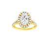 Oval-cut diamond engagement ring with a prong-set diamond band and halo setting.