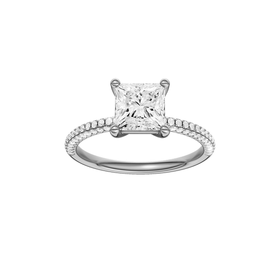 Princess-cut diamond engagement ring with a pavé-set diamond band and solitaire setting.
