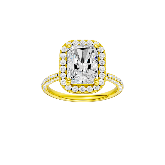 Radiant-cut diamond engagement ring with a pavé-set diamond band and halo setting.