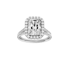 Radiant-cut diamond engagement ring with a channel-set diamond band and halo setting.