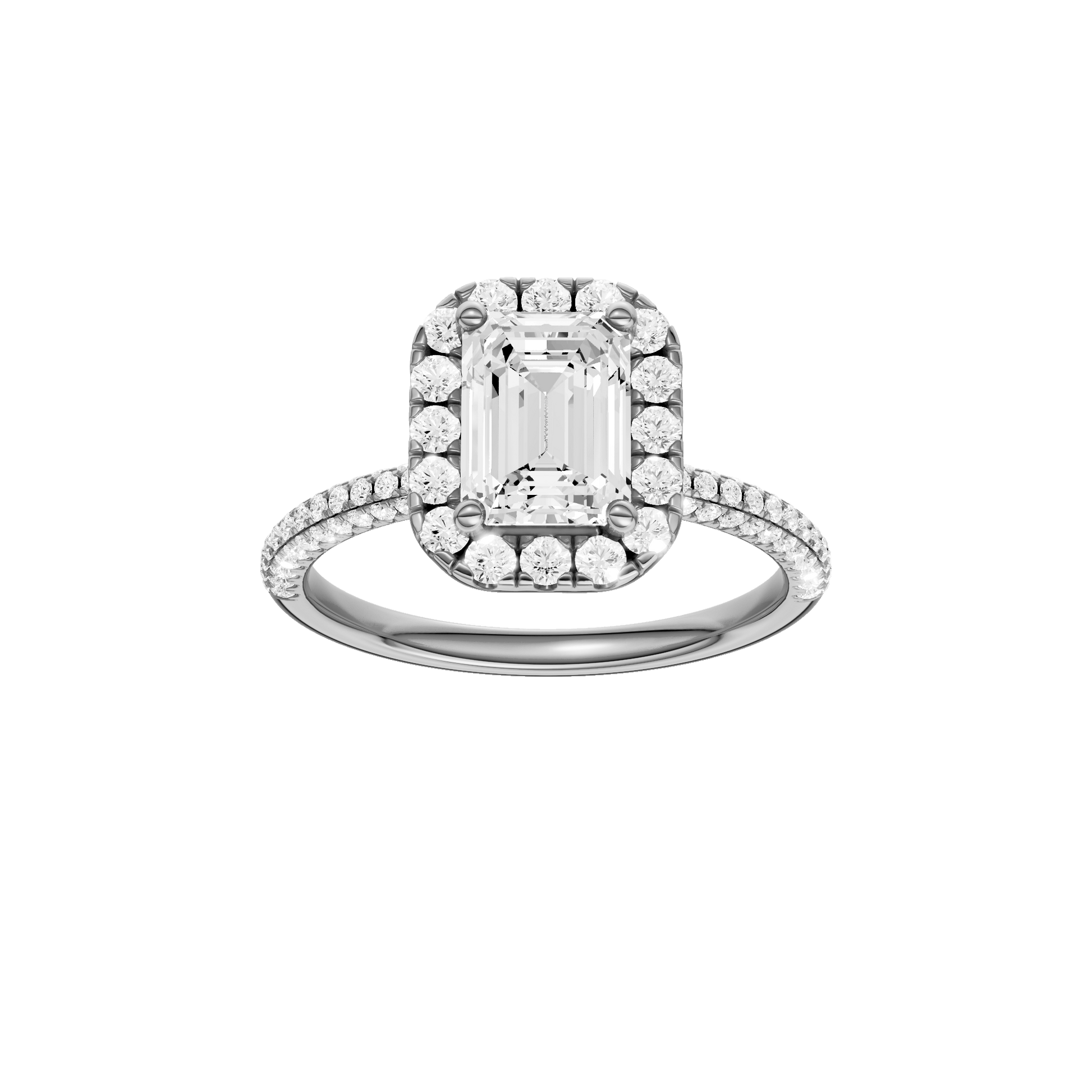 Emerald-cut diamond engagement ring with a pavé-set diamond band and halo setting.