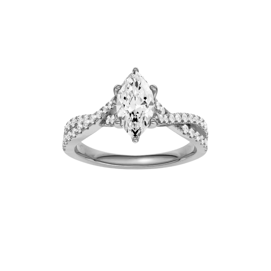 Marquise-cut diamond engagement ring in 14k white gold with a prong-set diamond band and twist setting