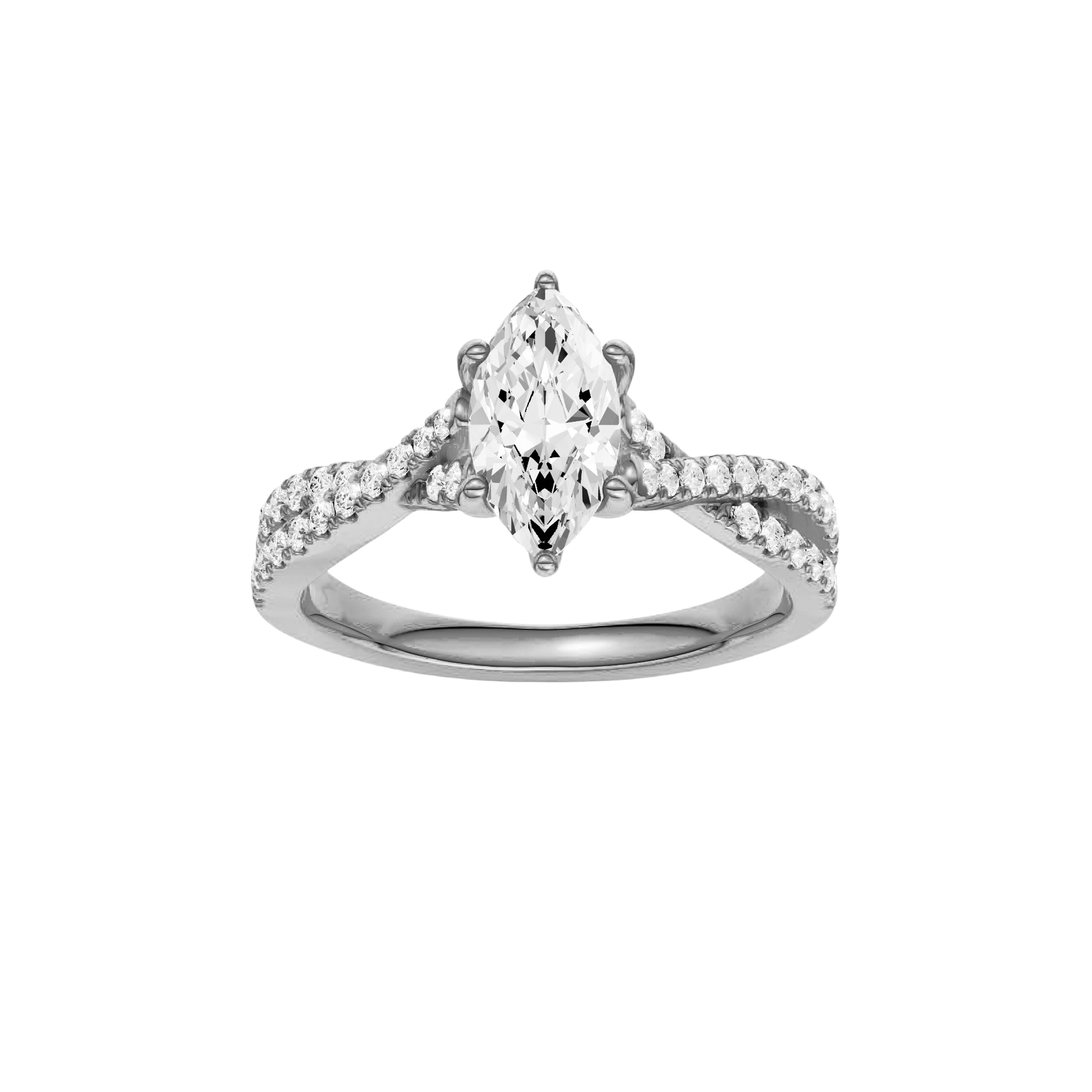 Marquise-cut diamond engagement ring in 14k white gold with a prong-set diamond band and twist setting