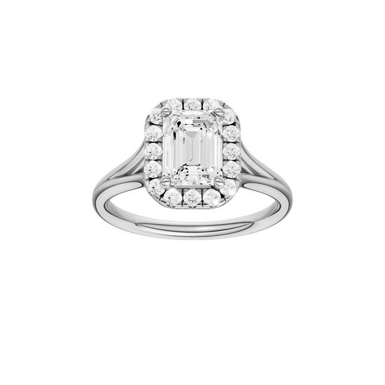 Emerald-cut diamond engagement ring with a plain band and halo setting.
