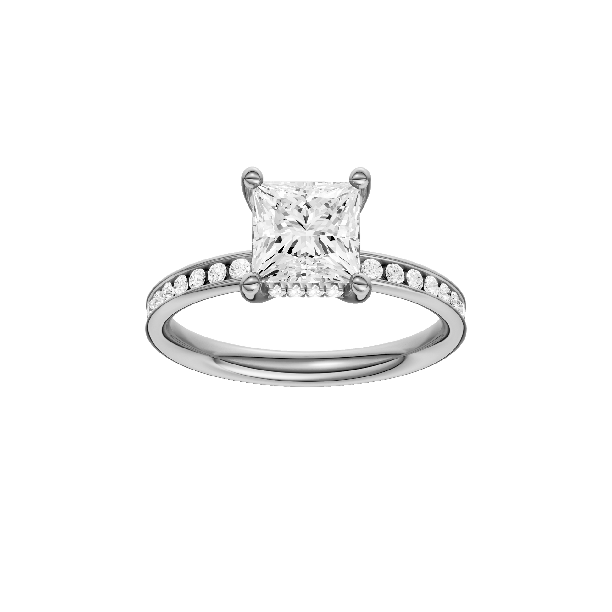 Princess-cut diamond engagement ring with a channel-set diamond band and hidden-halo setting.