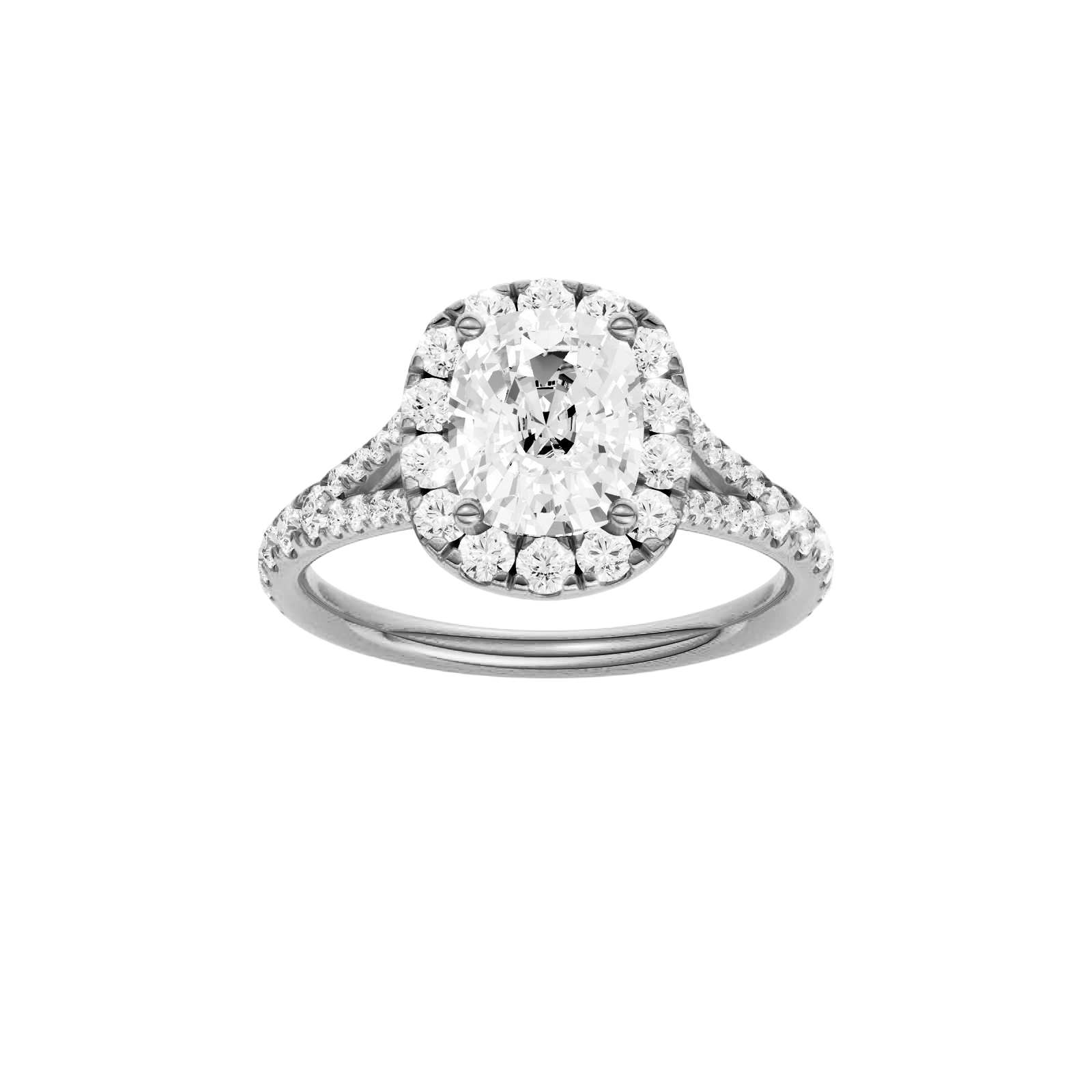 Elongated cushion-cut diamond engagement ring with a prong-set diamond band and halo setting.