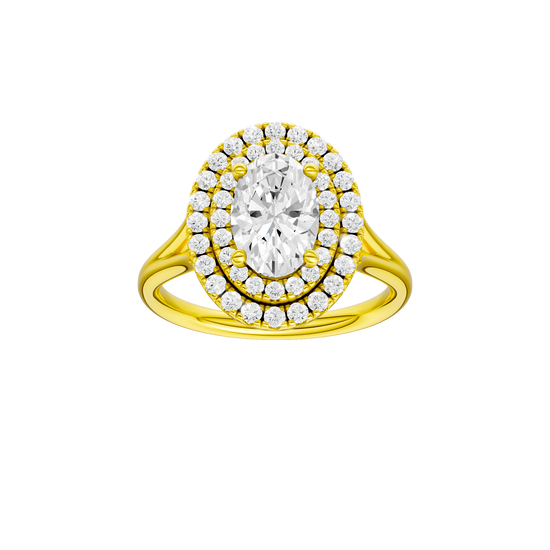 Oval-cut diamond engagement ring with a plain band and double-halo setting.