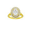 Oval-cut diamond engagement ring with a plain band and double-halo setting.
