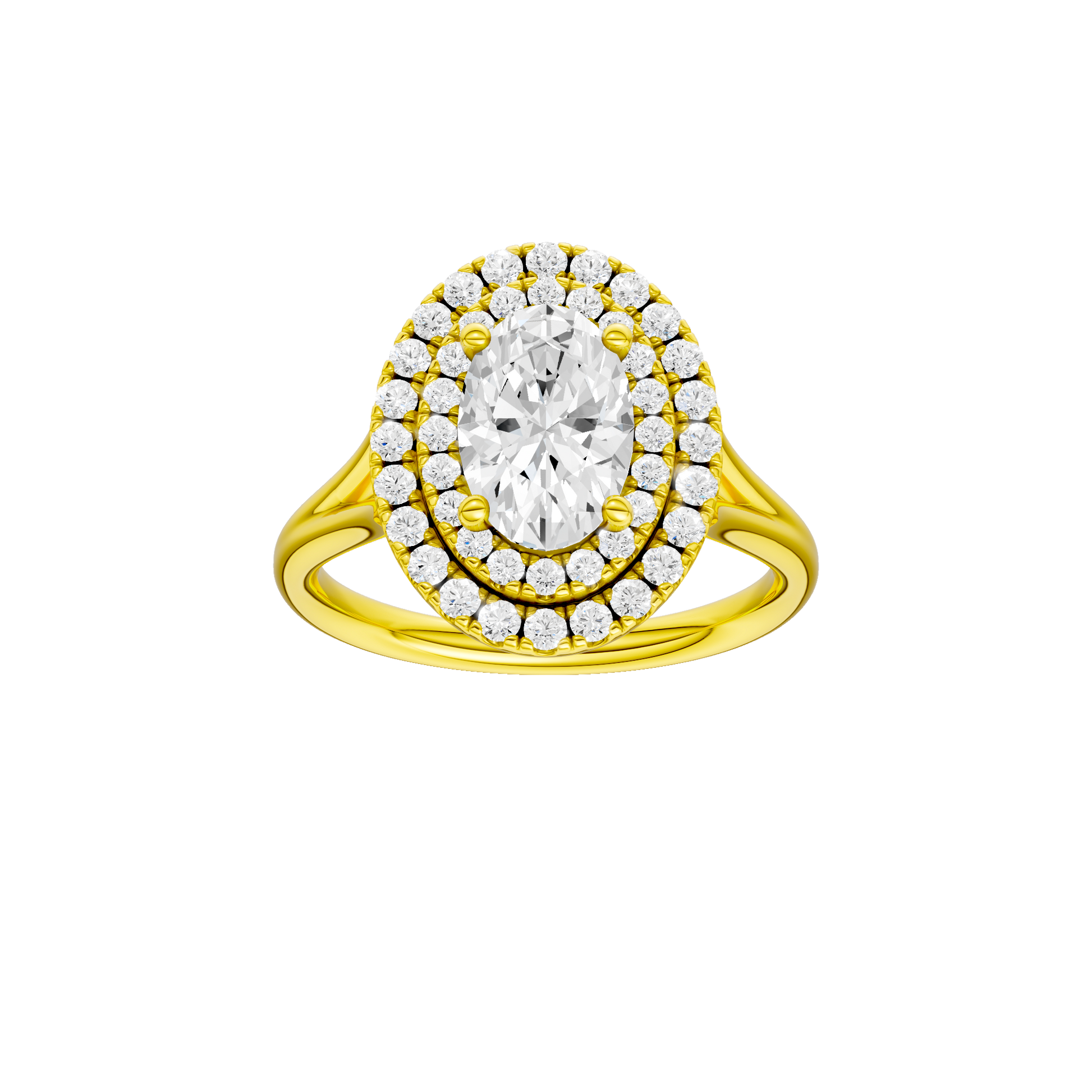 Oval-cut diamond engagement ring with a plain band and double-halo setting.