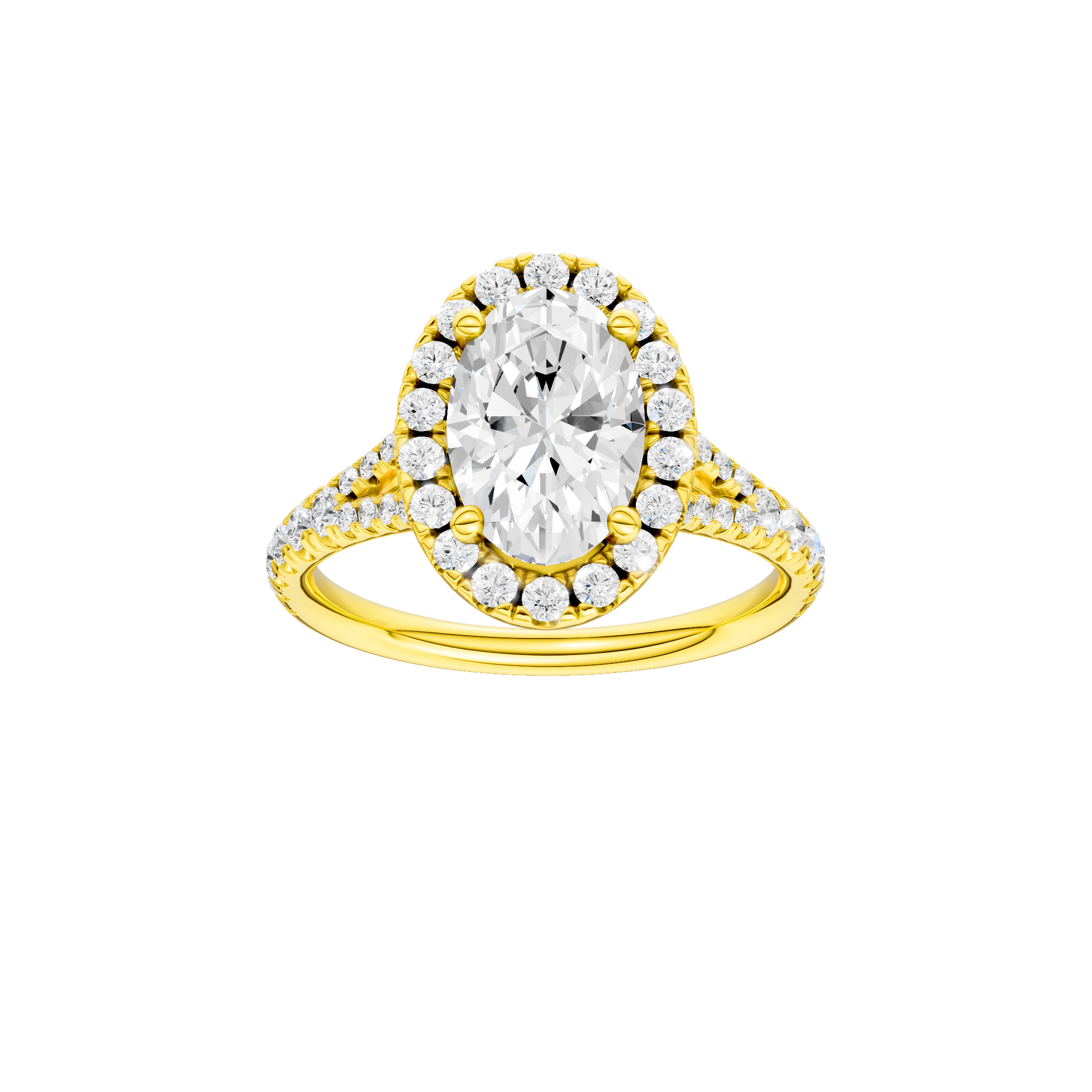 Oval-cut diamond engagement ring with a prong-set diamond band and halo setting.