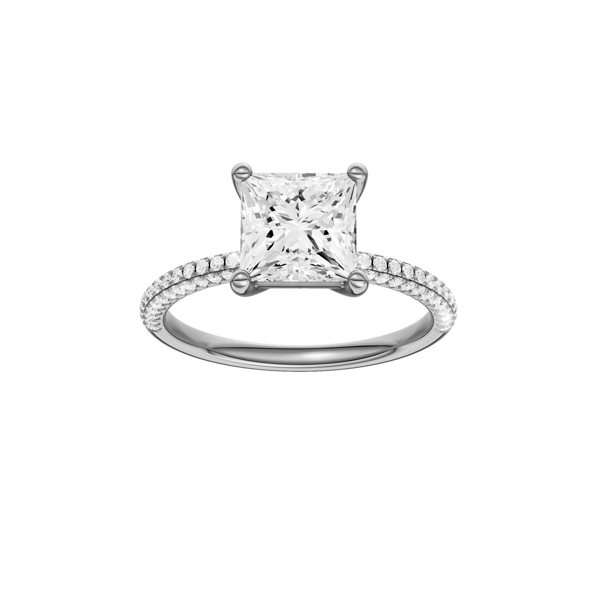 Princess-cut diamond engagement ring with a pavé-set diamond band and solitaire setting.