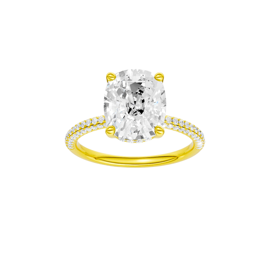 Elongated cushion-cut diamond engagement ring with a pavé-set diamond band and hidden-halo setting.