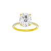 Elongated cushion-cut diamond engagement ring with a pavé-set diamond band and hidden-halo setting.