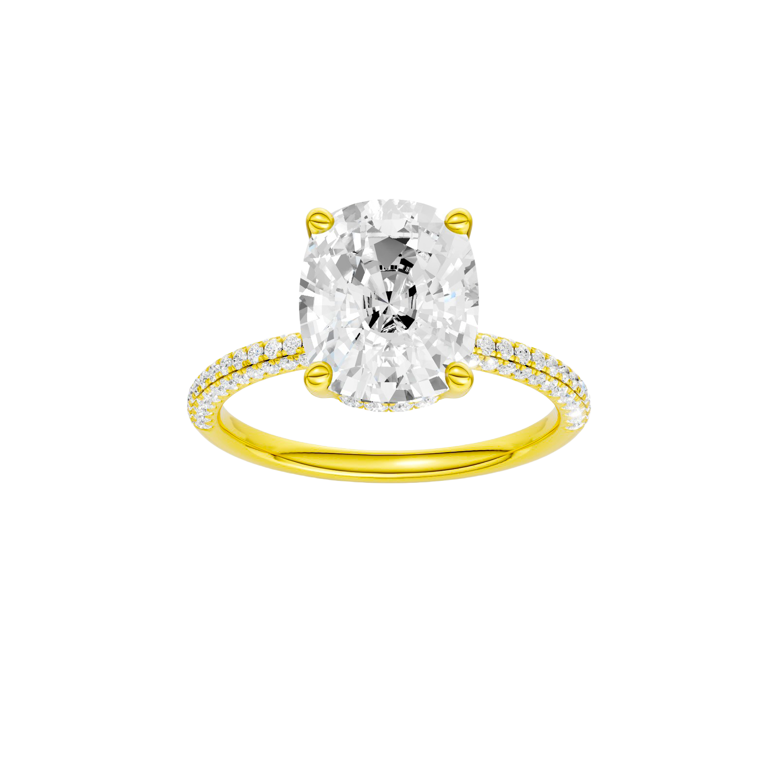 Elongated cushion-cut diamond engagement ring with a pavé-set diamond band and hidden-halo setting.