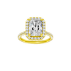 Radiant-cut diamond engagement ring with a pavé-set diamond band and halo setting.