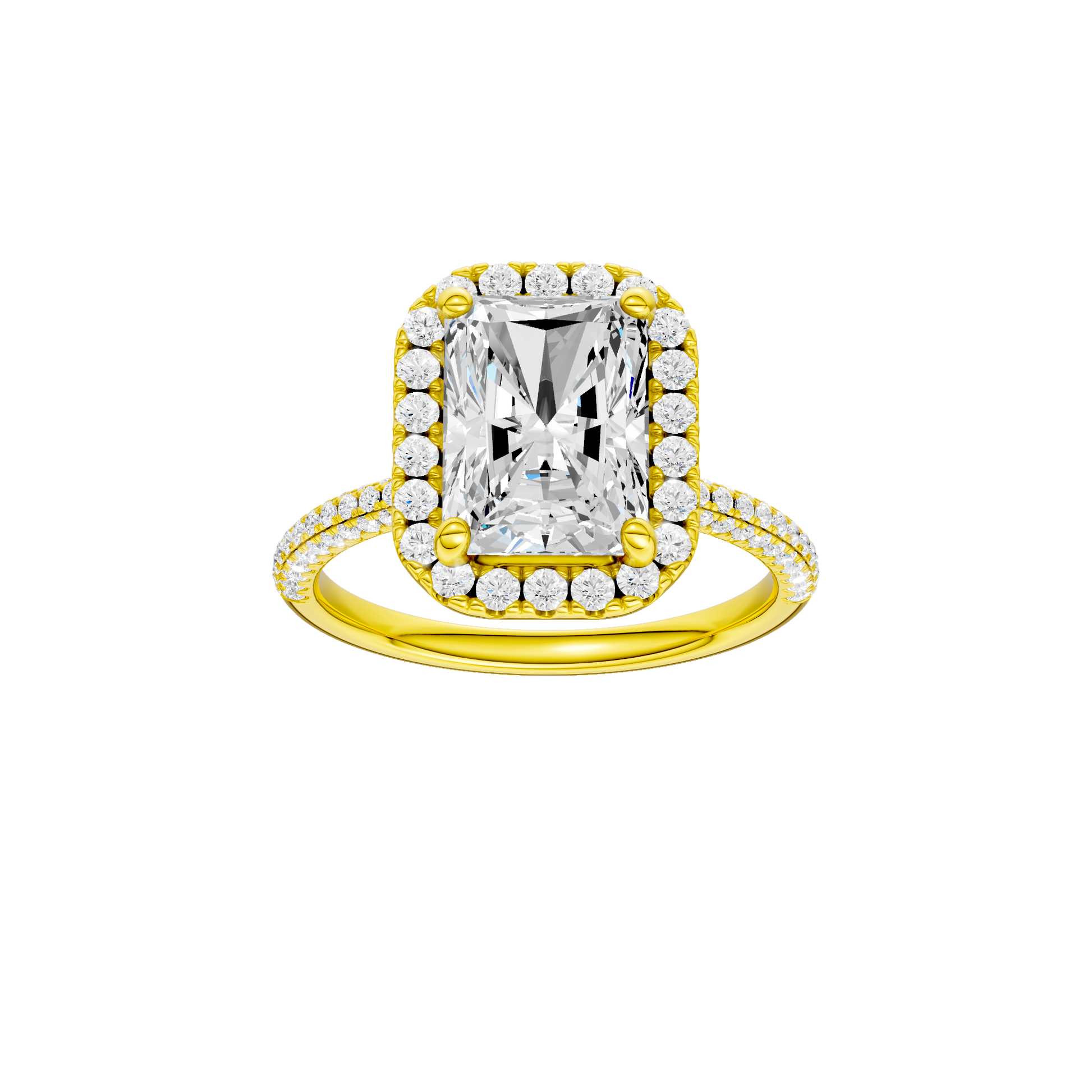 Radiant-cut diamond engagement ring with a pavé-set diamond band and halo setting.