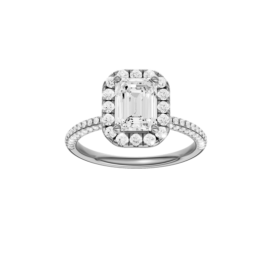 Emerald-cut diamond engagement ring with a pavé-set diamond band and halo setting.