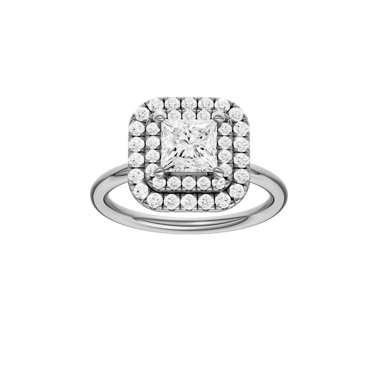 Princess-cut diamond engagement ring with a plain band and double-halo setting.