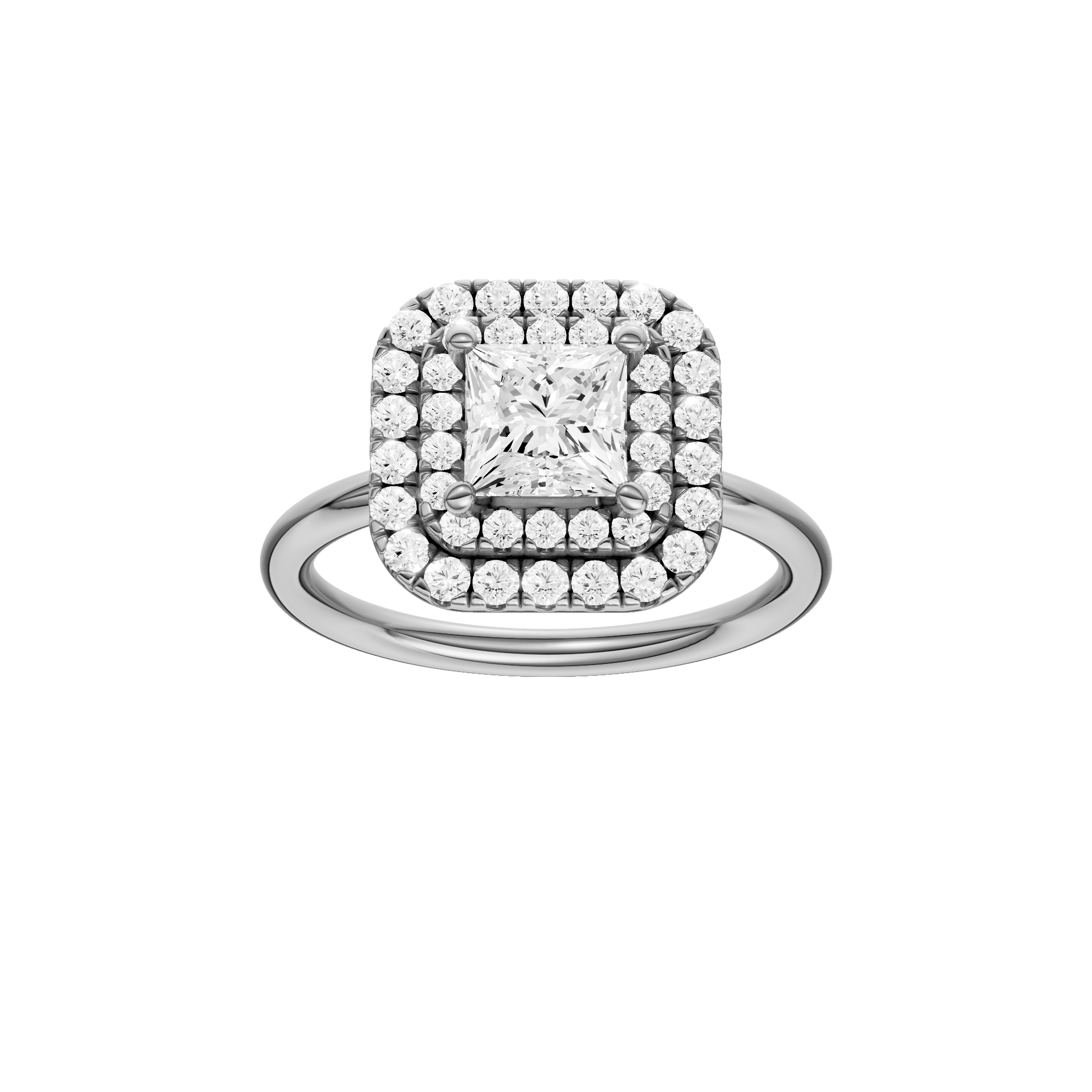 Princess-cut diamond engagement ring with a plain band and double-halo setting.