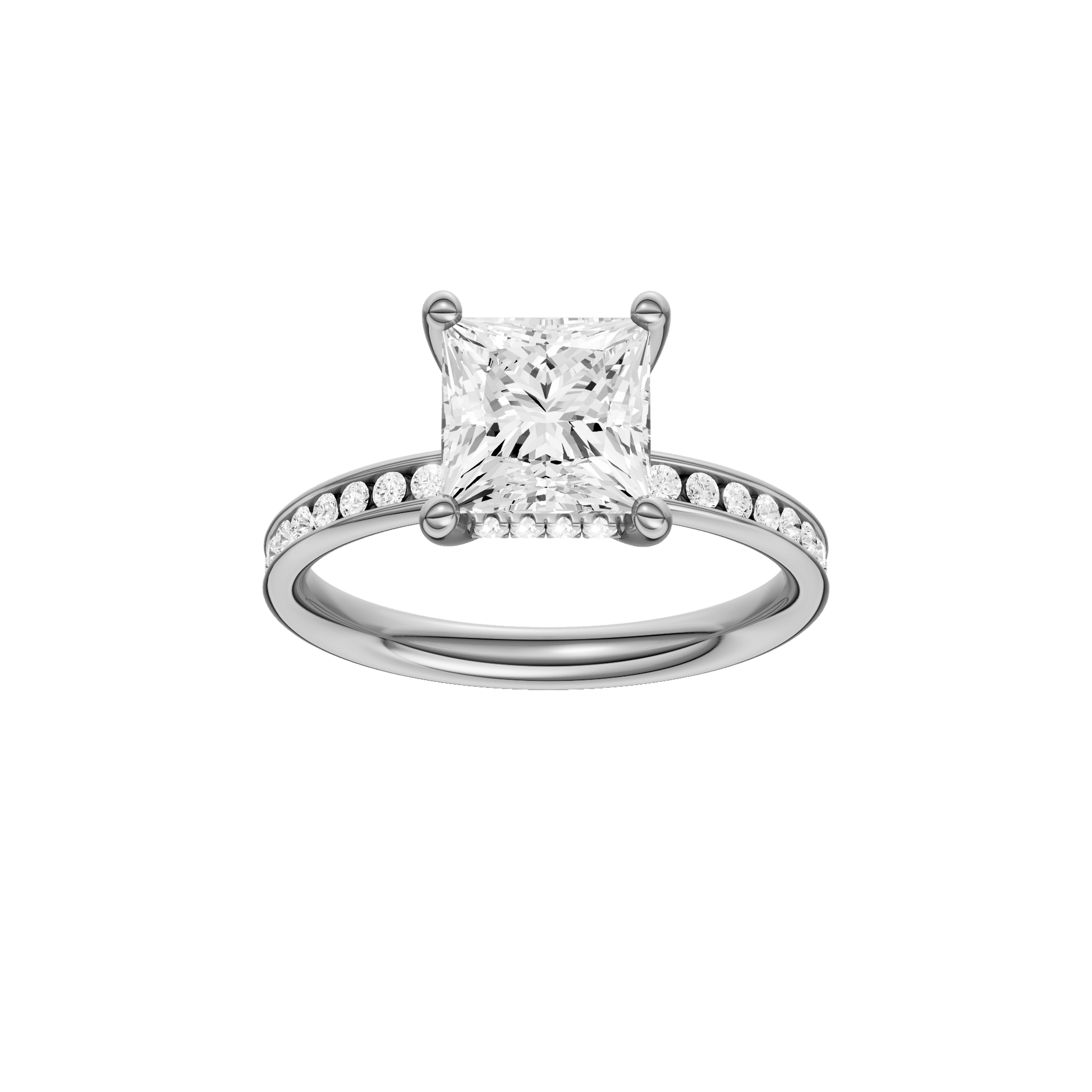 Princess-cut diamond engagement ring with a channel-set diamond band and hidden-halo setting.
