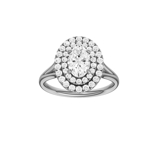 Oval-cut diamond engagement ring with a plain band and double-halo setting.