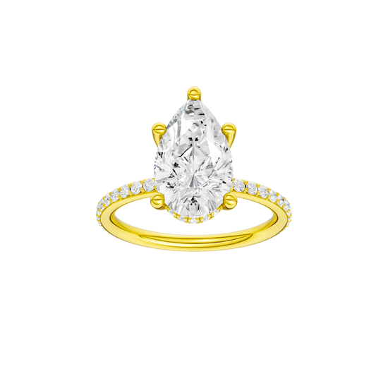 Pear-cut diamond engagement ring with a prong-set diamond band and hidden-halo setting.