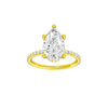 Pear-cut diamond engagement ring with a prong-set diamond band and hidden-halo setting.