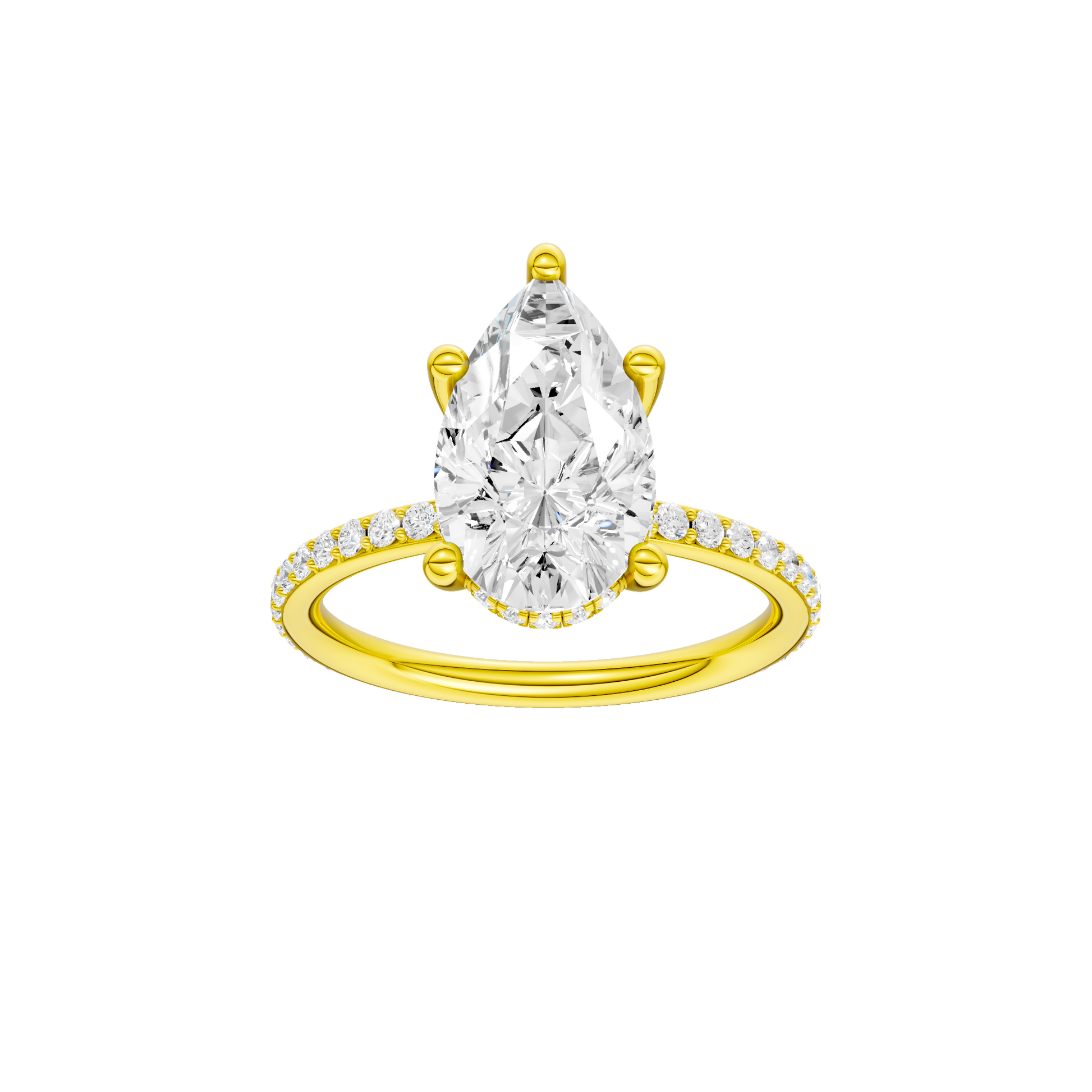 Pear-cut diamond engagement ring with a prong-set diamond band and hidden-halo setting.