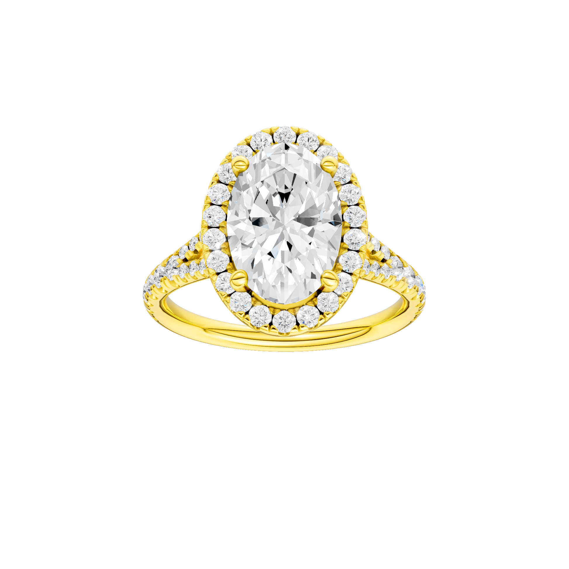 Oval-cut diamond engagement ring with a prong-set diamond band and halo setting.