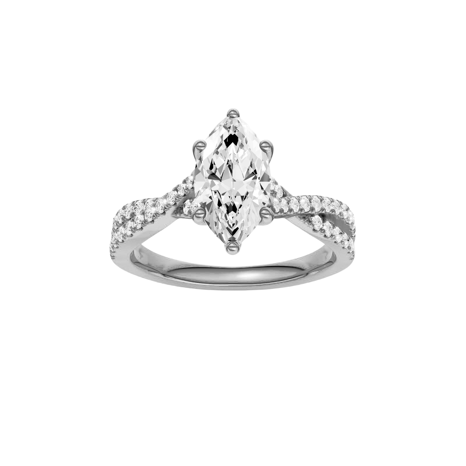 Marquise-cut diamond engagement ring in 14k white gold with a prong-set diamond band and twist setting