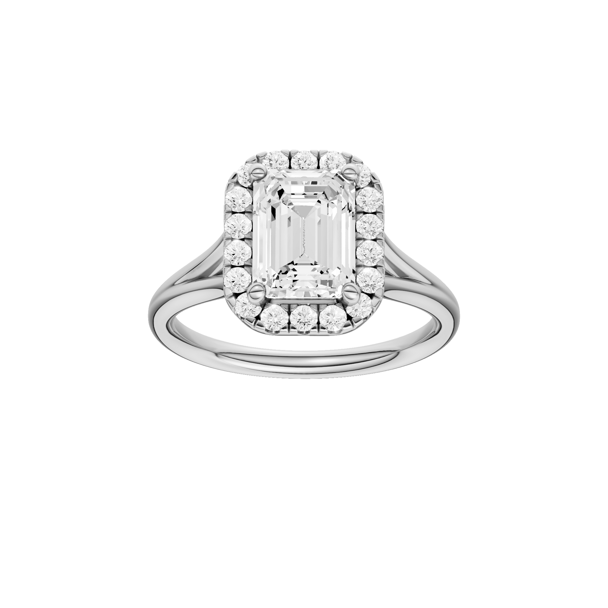 Emerald-cut diamond engagement ring with a plain band and halo setting.