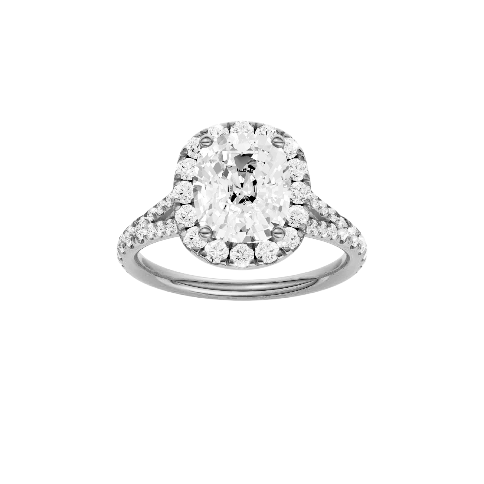 Elongated cushion-cut diamond engagement ring with a prong-set diamond band and halo setting.