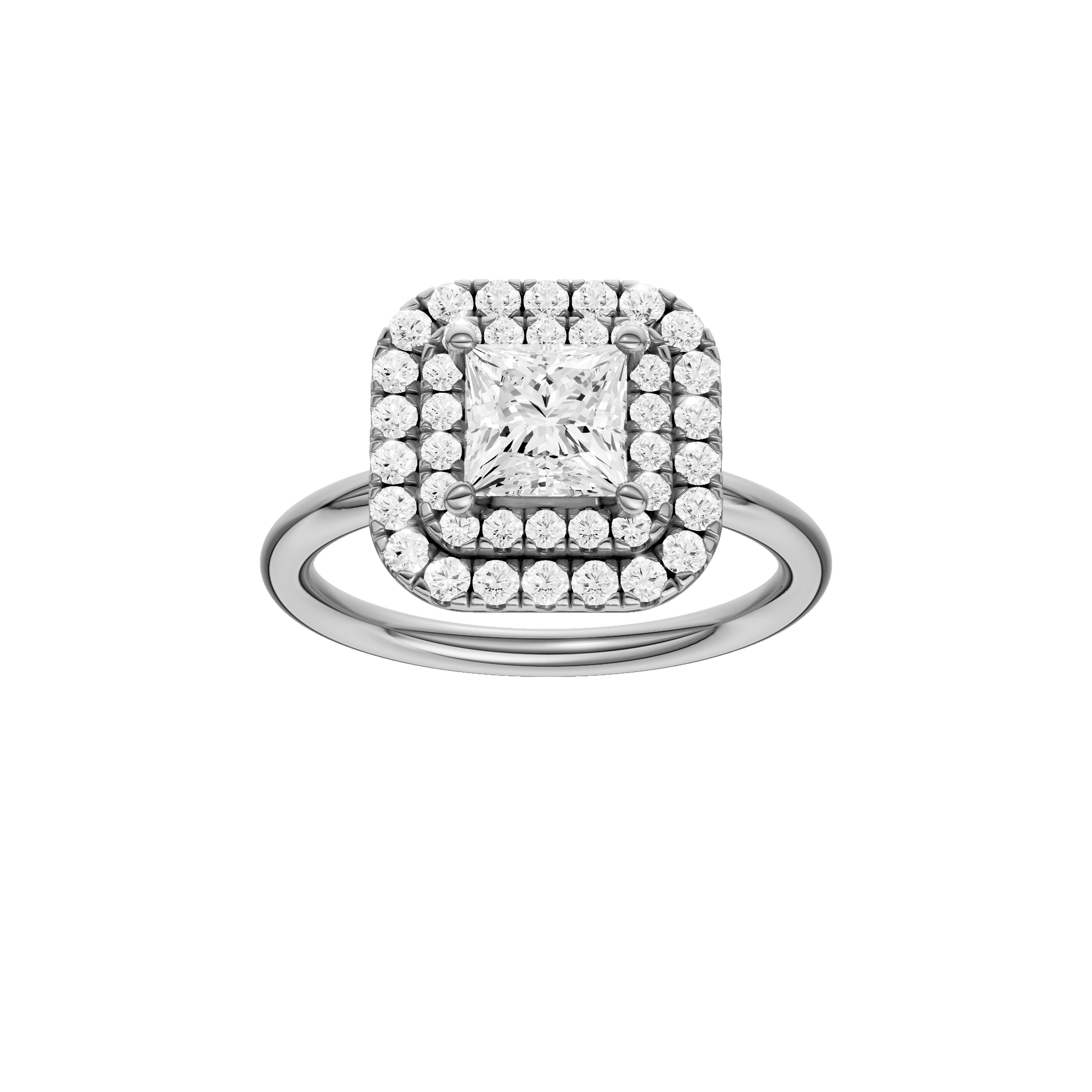 Princess-cut diamond engagement ring with a plain band and double-halo setting.