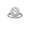 Oval-cut diamond engagement ring with a plain band and double-halo setting.