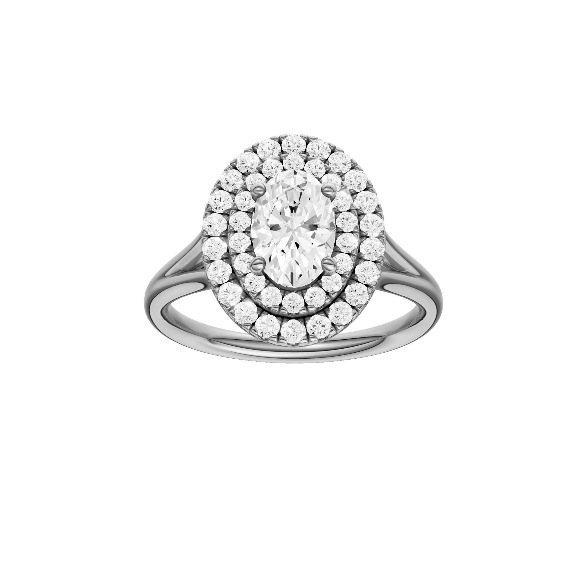 Oval-cut diamond engagement ring with a plain band and double-halo setting.