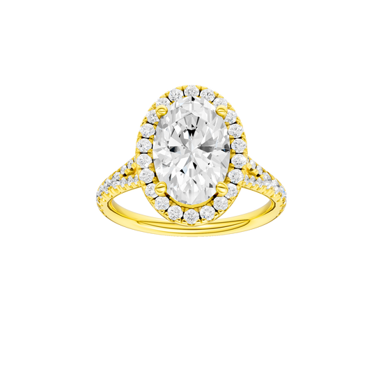 Oval-cut diamond engagement ring with a prong-set diamond band and halo setting.