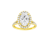 Oval-cut diamond engagement ring with a prong-set diamond band and halo setting.