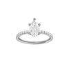 Pear-cut diamond engagement ring with a prong-set diamond band and hidden-halo setting.