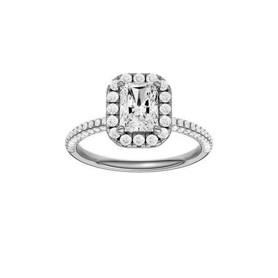 Radiant-cut diamond engagement ring with a pavé-set diamond band and halo setting.