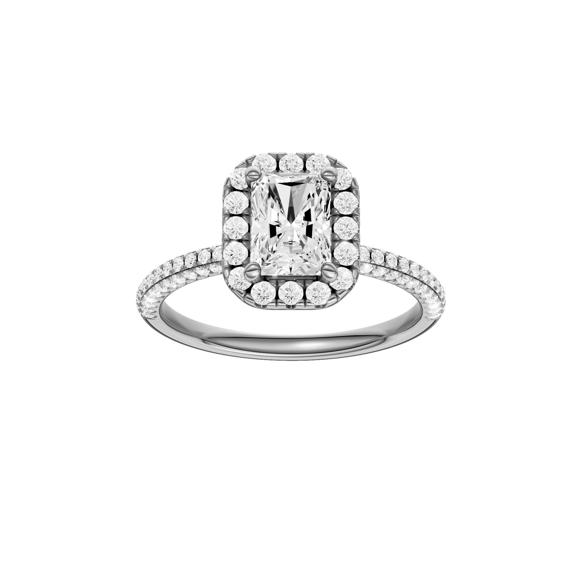 Radiant-cut diamond engagement ring with a pavé-set diamond band and halo setting.