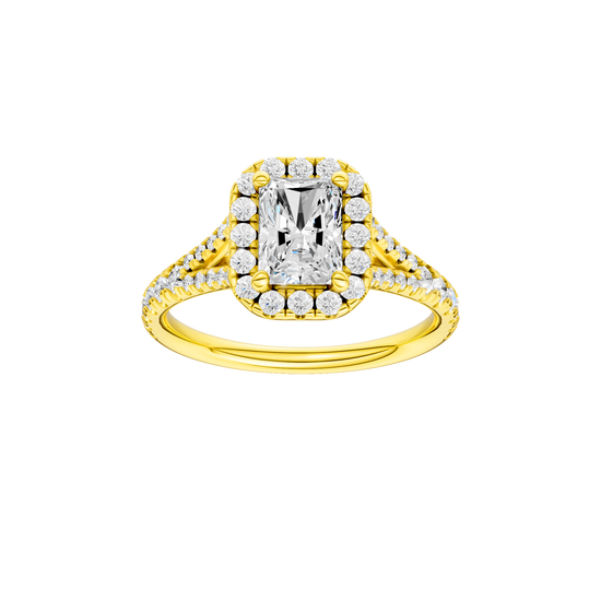 Radiant-cut diamond engagement ring with a prong-set diamond band and halo setting.