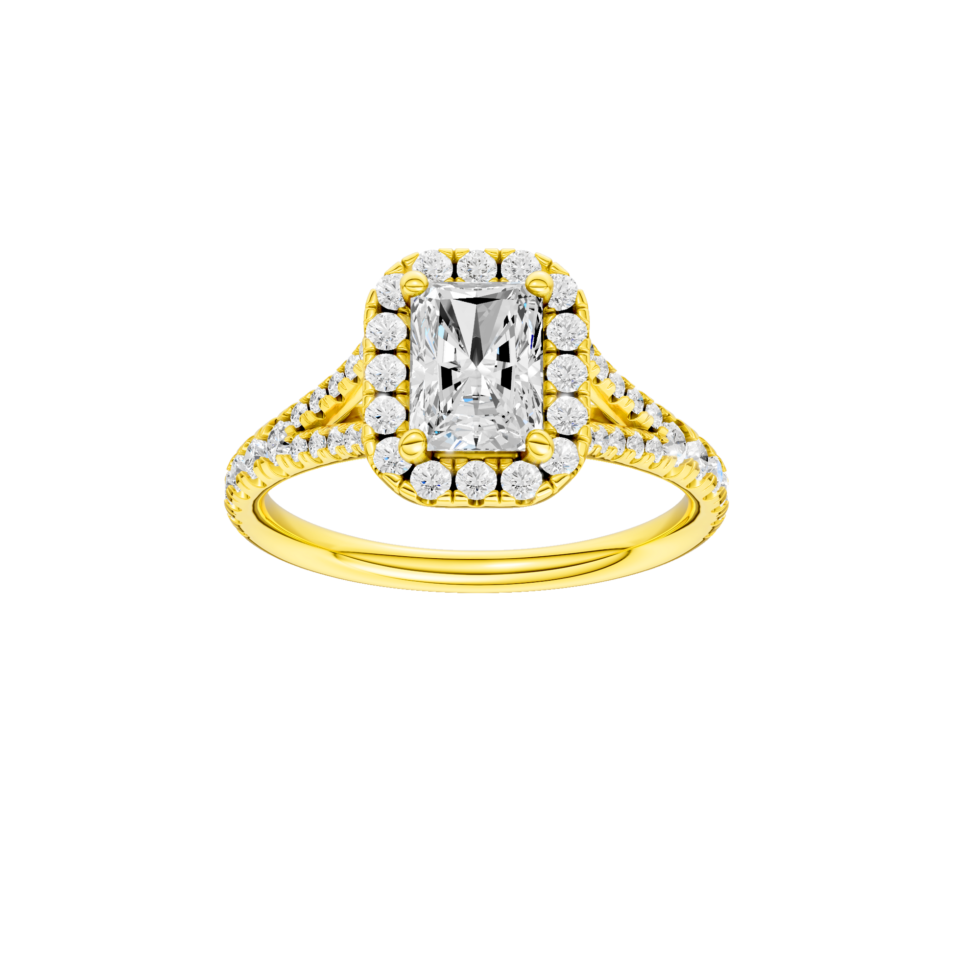 Radiant-cut diamond engagement ring with a prong-set diamond band and halo setting.