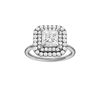 Princess-cut diamond engagement ring with a plain band and double-halo setting.