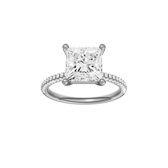 Princess-cut diamond engagement ring with a pavé-set diamond band and solitaire setting.