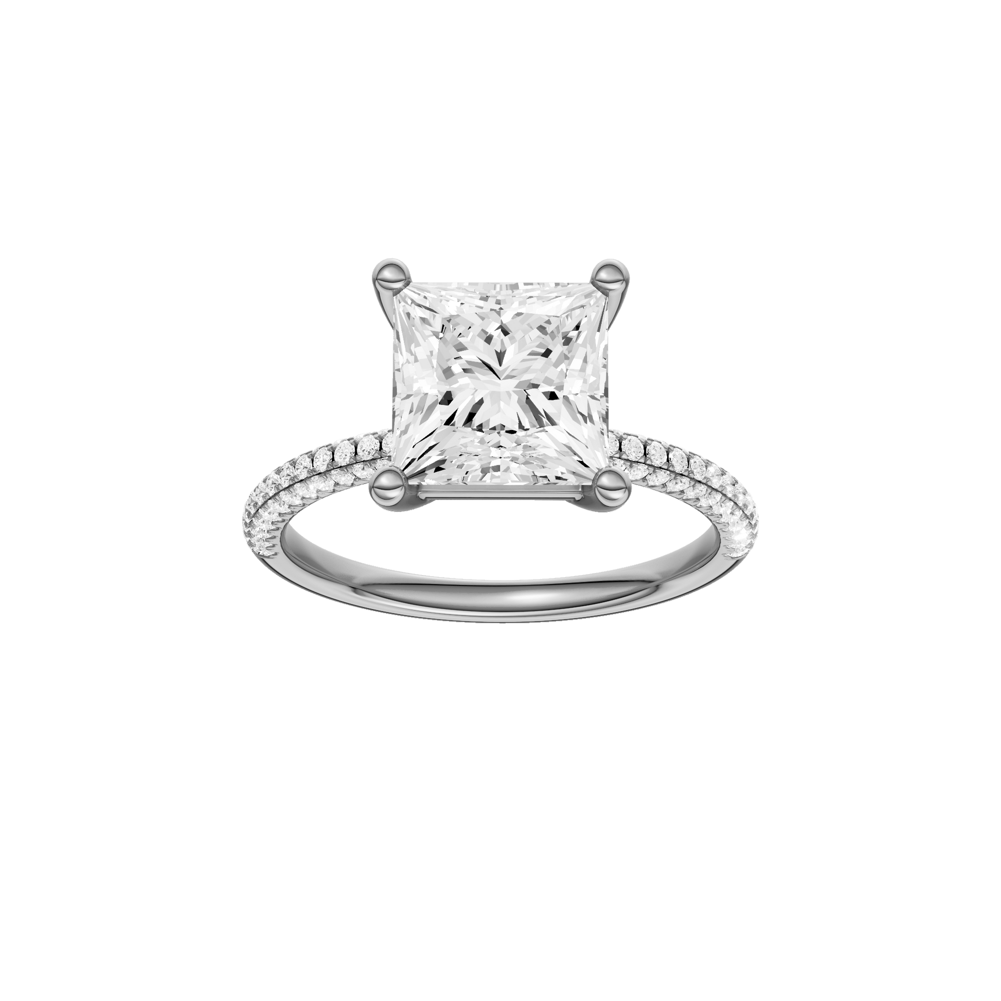 Princess-cut diamond engagement ring with a pavé-set diamond band and solitaire setting.