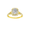Radiant-cut diamond engagement ring with a prong-set diamond band and halo setting.