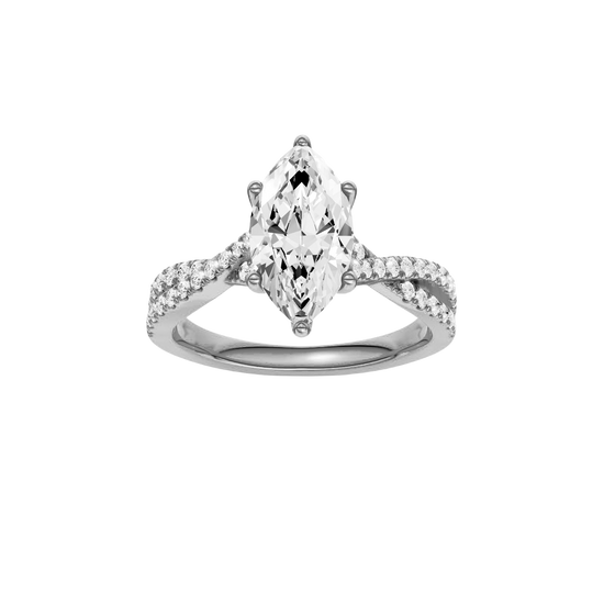 Marquise-cut diamond engagement ring in 14k white gold with a prong-set diamond band and twist setting