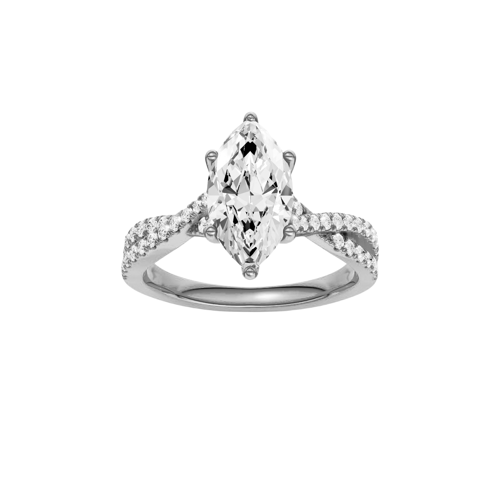 Marquise-cut diamond engagement ring in 14k white gold with a prong-set diamond band and twist setting