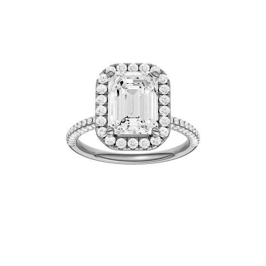 Emerald-cut diamond engagement ring with a pavé-set diamond band and halo setting.