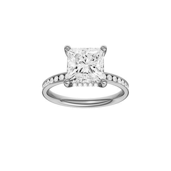 Princess-cut diamond engagement ring with a channel-set diamond band and hidden-halo setting.
